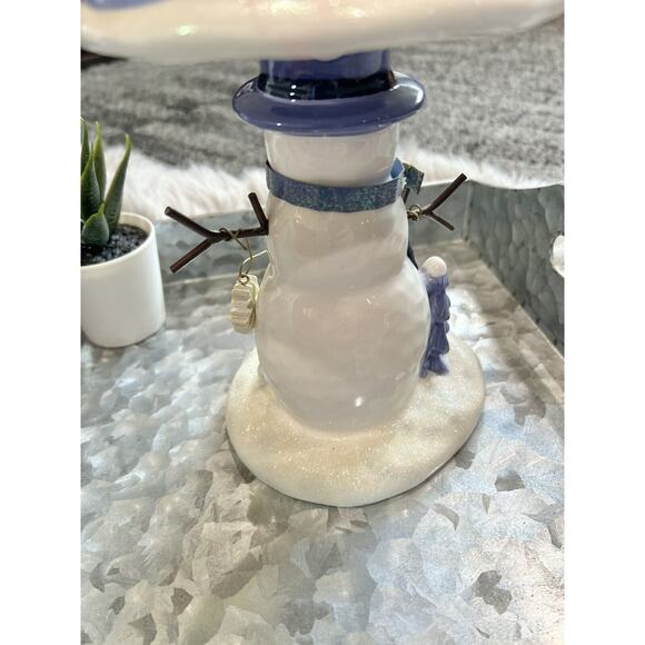 Snowman Ceramic Votive Tea Light Candle Holder Winter Snowflakes Blue White 10” - Picture 3 of 5